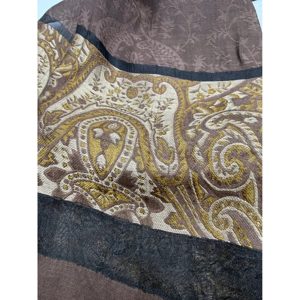 Brown Paisley Pashmina Shawl Gold Black Border Fringed Evening Wrap 67x22